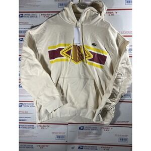 NWT LACOSTE Hoodie Cream Pullover Sweatshirt‎ Logo Loose Fit Baggy $165 Sz XL